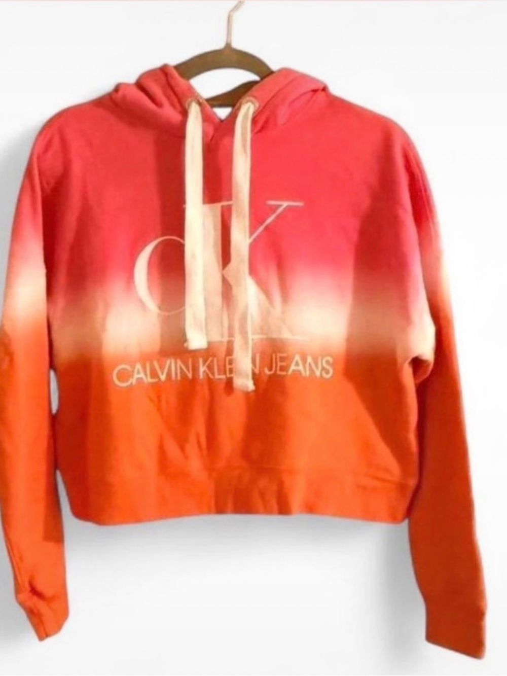 Calvin Klein Jeans Cropped Hoodie in Coral and Orange